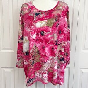 Alia Women Pink Abstract Floral Metallic Stretch 3/4 Sleeve Blouse Top 2X